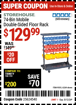 Harbor Freight Coupons, HF Coupons, 20% off - 74 Bin Mobile Double-sided Floor Rack