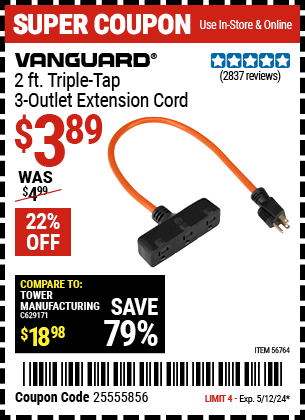 Harbor Freight Coupons, HF Coupons, 20% off - Vanguard 2 ft. Triple Tap 3-Outlet Extension Cord for $3.99