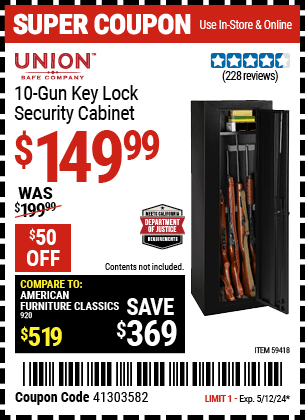 Harbor Freight Coupons, HF Coupons, 20% off - UNION SAFE COMPANY 10 Gun Key Lock Security Cabinet for $169.99
