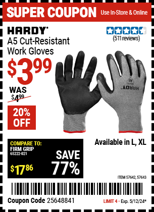 Harbor Freight Coupons, HF Coupons, 20% off - HARDY A5 Cut Resistant Work Gloves Large 
