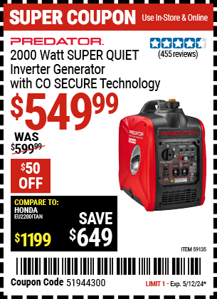 Harbor Freight Coupons, HF Coupons, 20% off - PREDATOR 2000 Watt SUPER QUIET Inverter Generator with CO SECURE Technology for $499.99