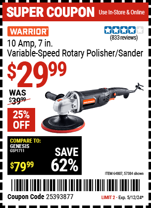 Harbor Freight Coupons, HF Coupons, 20% off - Corded 7 in. 10 Amp Variable Speed Polisher/Sander
