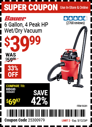 Harbor Freight Coupons, HF Coupons, 20% off - Bauer 6 Gallon Wet Dry Vacuum