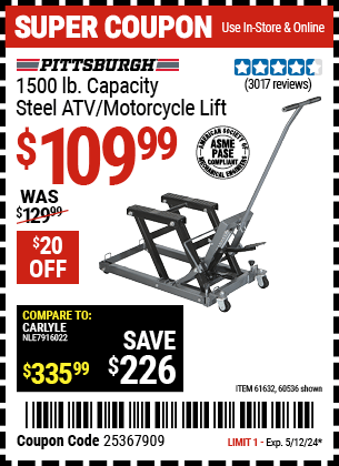 Harbor Freight Coupons, HF Coupons, 20% off - 1500 Lb. Capacity Atv/motorcycle Lift