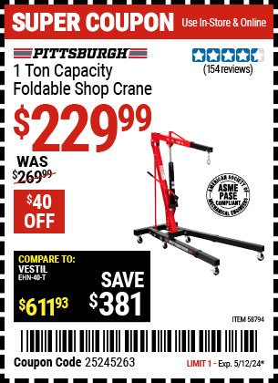 Harbor Freight Coupons, HF Coupons, 20% off - PITTSBURGH 1 Ton Capacity Foldable Shop Crane for $239.99