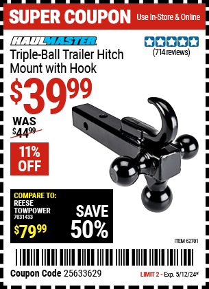 Harbor Freight Coupons, HF Coupons, 20% off - Triple Ball Trailer Hitch Mount With Hook