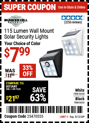 Harbor Freight Coupons, HF Coupons, 20% off - Wall Mount Solar Security Light, White