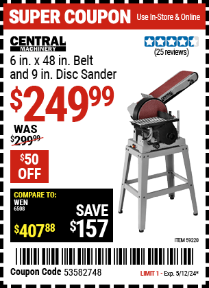 Harbor Freight Coupons, HF Coupons, 20% off - CENTRAL MACHINERY 6 in. x 48 in. Belt and 9 in. Disc Sander for $269.99