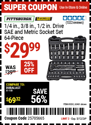 Harbor Freight Coupons, HF Coupons, 20% off - 64 Piece 1/4