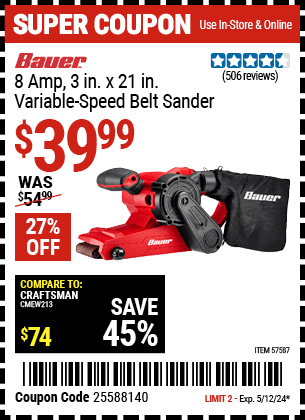 Harbor Freight Coupons, HF Coupons, 20% off - 8 Amp 3 in. x 21 in. Variable Speed Belt Sander