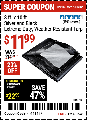Harbor Freight Coupons, HF Coupons, 20% off - 8 ft. x 10 ft. Silver & Black Extreme Duty Weather Resistant Tarp