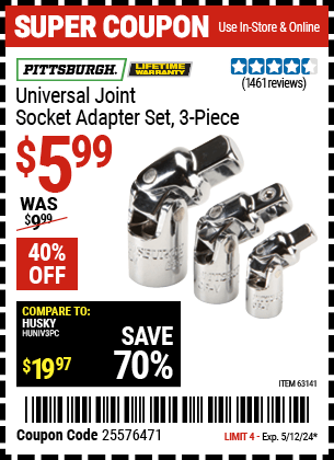 Harbor Freight Coupons, HF Coupons, 20% off - 3 Piece Universal Joint Socket Adapter Set