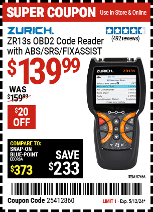 Harbor Freight Coupons, HF Coupons, 20% off - ZR13S OBD2 Code Reader with ABS/SRS/FixAssistxc2xae
