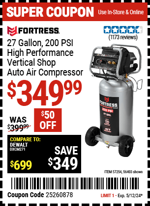 Harbor Freight Coupons, HF Coupons, 20% off - FORTRESS 27 Gallon 200 PSI High Performance Vertical Shop/Auto Air Compressor 