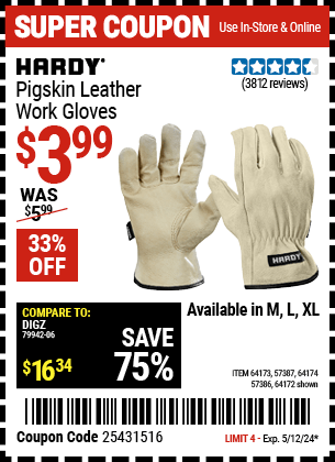 Harbor Freight Coupons, HF Coupons, 20% off - Pigskin Leather Work Gloves