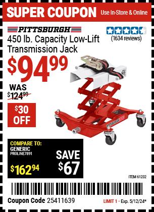 Harbor Freight Coupons, HF Coupons, 20% off - PITTSBURGH AUTOMOTIVE 450 lb. Low Lift Transmission Jack 