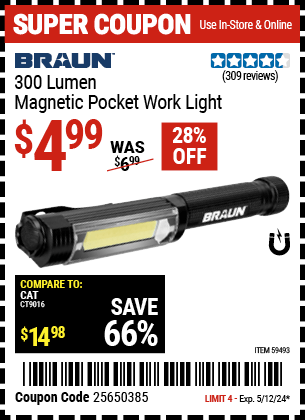 Harbor Freight Coupons, HF Coupons, 20% off - BRAUN 300 Lumen Magnetic Pocket Work Light for $4.99