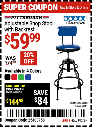 Harbor Freight Coupons, HF Coupons, 20% off - PITTSBURGH AUTOMOTIVE Adjustable Shop Stool with Backrest for $54.99