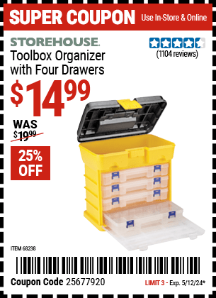 Harbor Freight Coupons, HF Coupons, 20% off - Toolbox Organizer With 4 Drawers