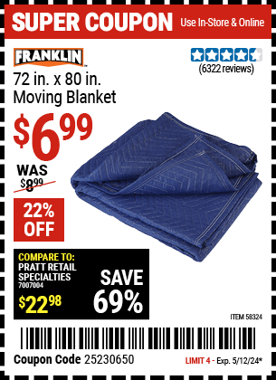 Harbor Freight Coupons, HF Coupons, 20% off - FRANKLIN 72 in. x 80 in. Moving Blanket 