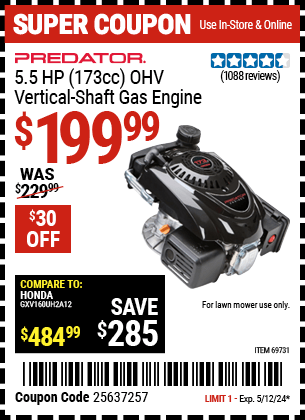 Harbor Freight Coupons, HF Coupons, 20% off - PREDATOR 5.5 HP (173cc) OHV Vertical Shaft Gas Engine 