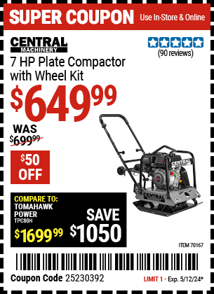 Harbor Freight Coupons, HF Coupons, 20% off - CENTRAL MACHINERY 6.5 HP Plate Compactor with Wheel Kit for $629.99