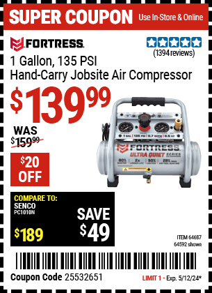 Harbor Freight Coupons, HF Coupons, 20% off - Fortress 1 Gallon, .5hp, 135 Psi Oil Free Portable Air Compressor