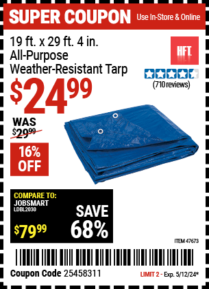 Harbor Freight Coupons, HF Coupons, 20% off - 19 ft. x 29 ft. 4 in. Blue All Purpose/Weather Resistant Tarp