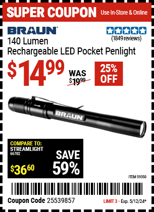 Harbor Freight Coupons, HF Coupons, 20% off - BRAUN 140 Lumen Rechargeable LED Pocket Pen Light for $14.99