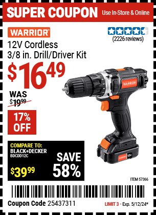 Harbor Freight Coupons, HF Coupons, 20% off - WARRIOR 12V Lithium-Ion 3/8 in. Cordless Drill/Driver for $14.99