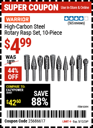 Harbor Freight Coupons, HF Coupons, 20% off - 10 Piece High Carbon Steel Rotary Rasp Set
