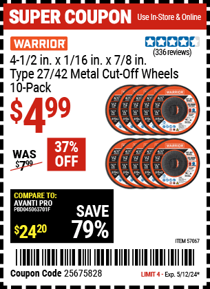 Harbor Freight Coupons, HF Coupons, 20% off - 4-1/2 in. x 1/16 in. x 7/8 in. Type 27/42 Metal Cut-off Wheel, 10 Pk.