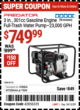 Harbor Freight Coupons, HF Coupons, 20% off - 3 in.  301cc Gasoline Engine Full-Trash Water Pump - 23,000 GPH