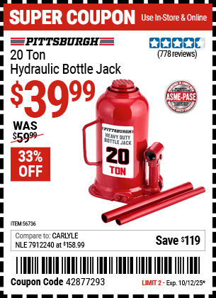 Harbor Freight Coupons, HF Coupons, 20% off - 20 Ton Hydraulic Bottle Jack