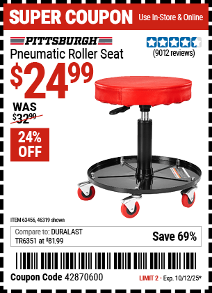 Harbor Freight Coupons, HF Coupons, 20% off - Mechanic's Roller Seat, Pneumatic Adjustable Roller Seat