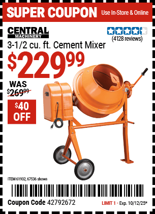 Harbor Freight Coupons, HF Coupons, 20% off - 3-1/2 Cubic Ft. Cement Mixer