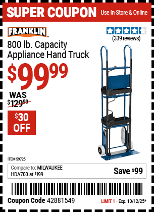 Harbor Freight Coupons, HF Coupons, 20% off - FRANKLIN 800 lb. Capacity Appliance Hand Truck for $99.99
