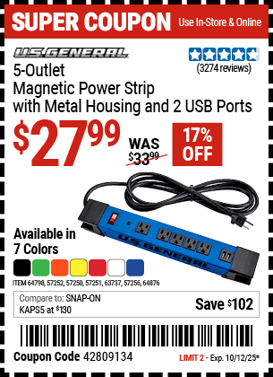 Harbor Freight Coupons, HF Coupons, 20% off - 5 Outlet Heavy Duty Magnetic Power Strip With Metal Housing And 2 Usb Ports