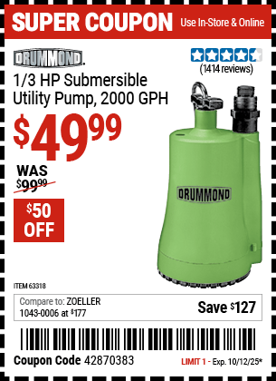 Harbor Freight Coupons, HF Coupons, 20% off - 1/3 Hp Submersible Utility Pump