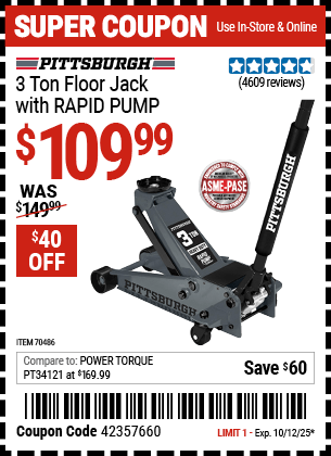 Harbor Freight Coupons, HF Coupons, 20% off - PITTSBURGH 3 Ton Floor Jack with RAPID PUMP for $119.99