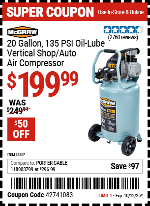 Harbor Freight Coupons, HF Coupons, 20% off - 20 Gallon 1.6 How 135 Psi Oil Lube Vertical Air Compressor