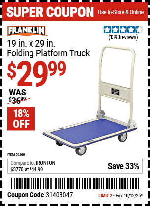 Harbor Freight Coupons, HF Coupons, 20% off - FRANKLIN 19 in. x 29 in. Folding Platform Truck for $34.99