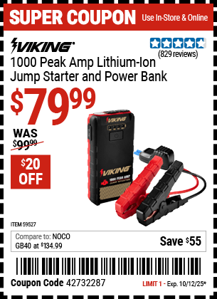 Harbor Freight Coupons, HF Coupons, 20% off - VIKING 1000 Peak Amp Midsize Lithium-Ion Jump Starter and Power Bank for $79.99