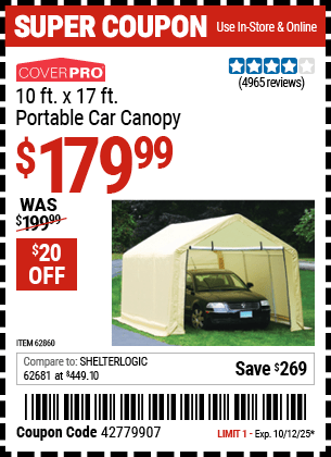Harbor Freight Coupons, HF Coupons, 20% off - 10 Ft. X 17ft. Portable Garage