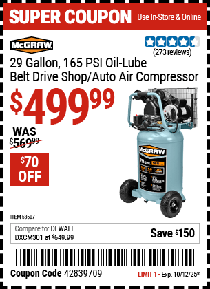 Harbor Freight Coupons, HF Coupons, 20% off - MCGRAW 29 gallon, 1.8 HP, 165 PSI Oil-Lube Vertical Air Compressor for $499.99