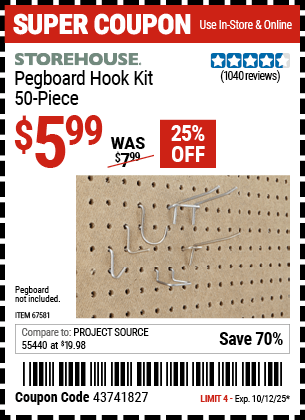 Harbor Freight Coupons, HF Coupons, 20% off - 50 Piece Pegboard Hook Kit