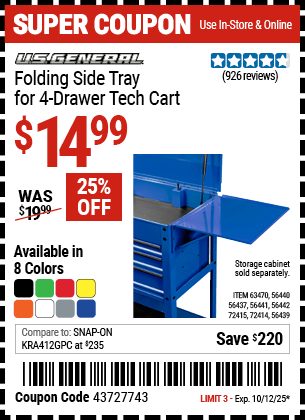 Harbor Freight Coupons, HF Coupons, 20% off - 4 Drawer Tech Cart Folding Side Trays
