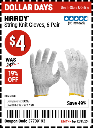Harbor Freight Coupons, HF Coupons, 20% off - String Knit Gloves- 6 Pairs