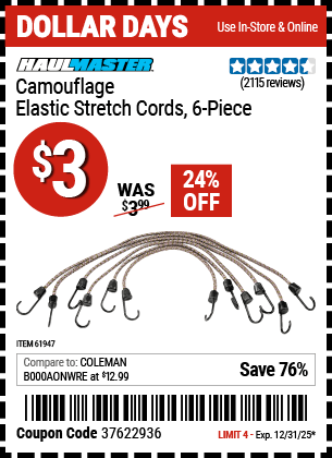 Harbor Freight Coupons, HF Coupons, 20% off - 6 Piece Camouflage Elastic Stretch Cords