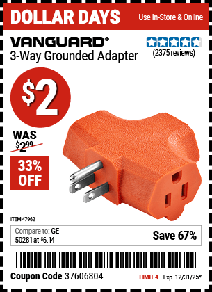 Harbor Freight Coupons, HF Coupons, 20% off - 3-way Grounded Adapter